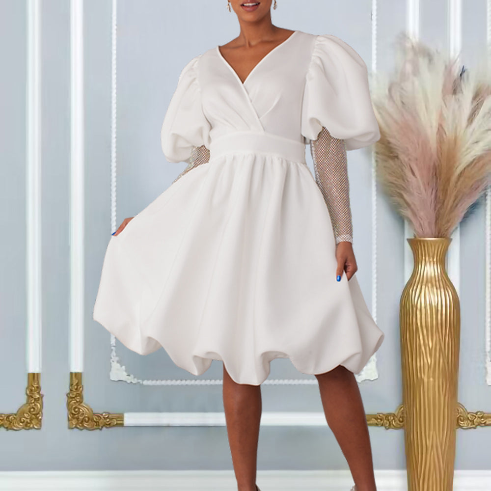 D495   european and american foreign trade women's v-neck flared bubble sleeve evening gown bridesmaid dress