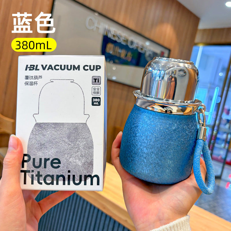 New titanium-coated gourd mug - stylish, pocket-sized insulated tumbler with carry strap for outdoor use - perfect for both men and women