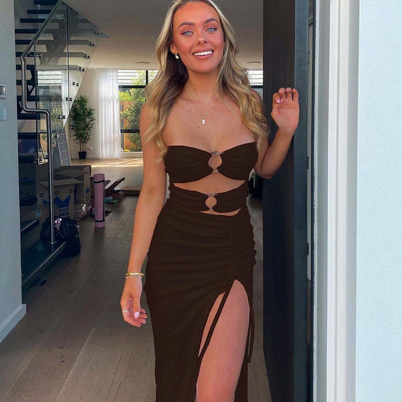 European and american ins cross-border hot style  summer new style women's one shoulder sexy cut out high slit hip dress