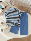 Children's clothing cross-border european and american girls stripes t-shirt + blue pants two-piece set children's clothing