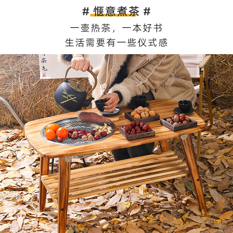 Household outdoor multifunctional solid wood desktop stove foldable storage barbecue grill barbecue stove camping style stove tea table