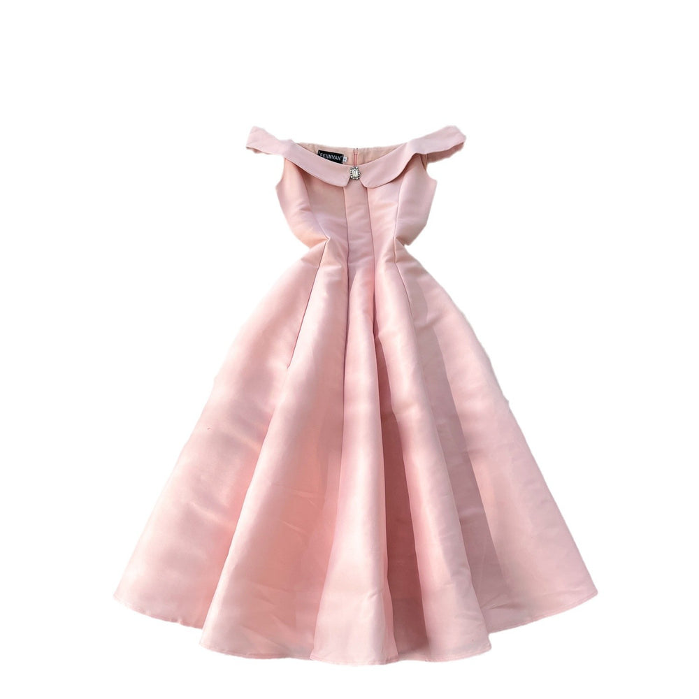 Elegant women's evening gown: high-end off-the-shoulder camisole dress with diamond embellishments, cinched waist, pleated detailing, and a flowing a-line skirt