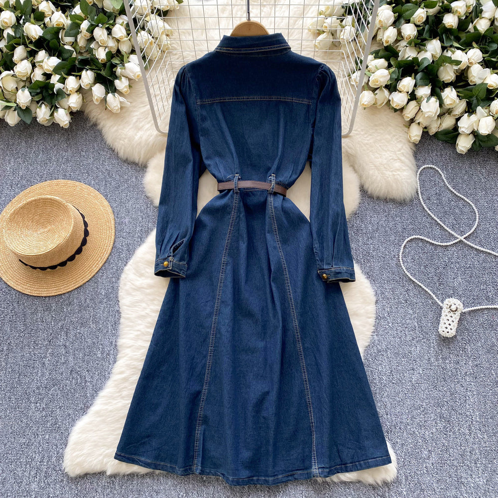 European and american retro style polo collar denim dress - women's winter belted slimming single-breasted design elegant maxi dress