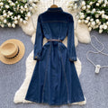 European and american retro style polo collar denim dress - women's winter belted slimming single-breasted design elegant maxi dress