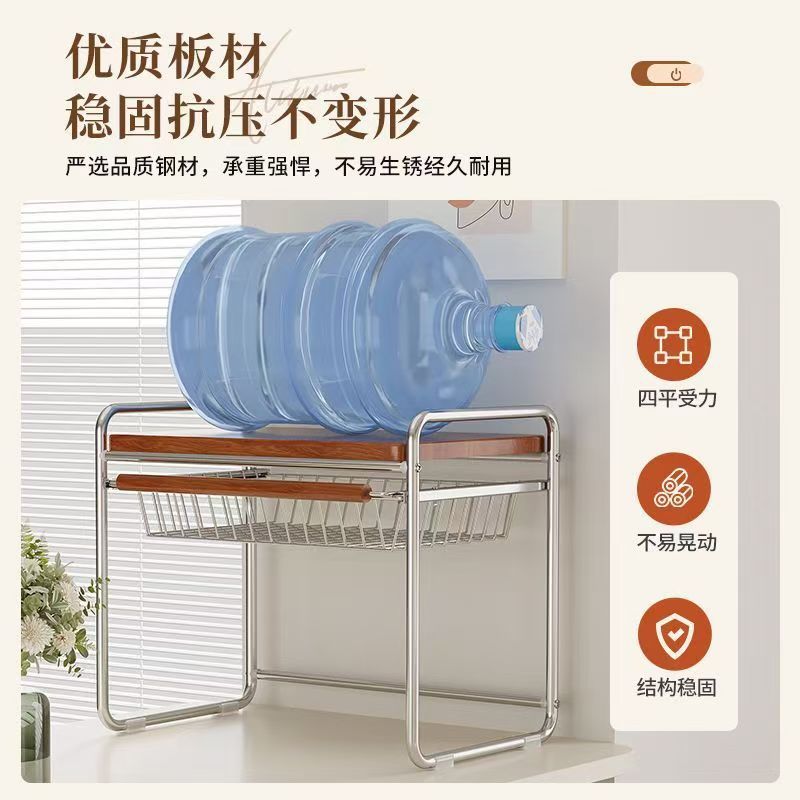 Vintage-style microwave oven shelf with pull-out basket, kitchen countertop organizer, rice cooker desktop storage rack