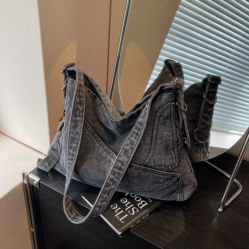 Cross-border retro denim large-capacity bag women's 2025 new casual shoulder messenger bag commuter tote bag