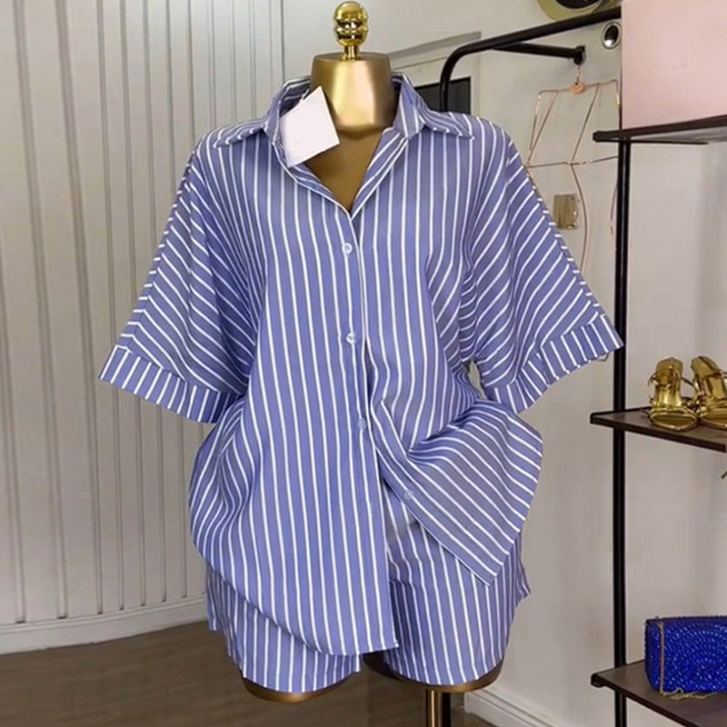 European and american cross-border women's fashion:  summer new collection - stylish blue and white striped loose-fit shirt and high-waisted wide-leg shorts set