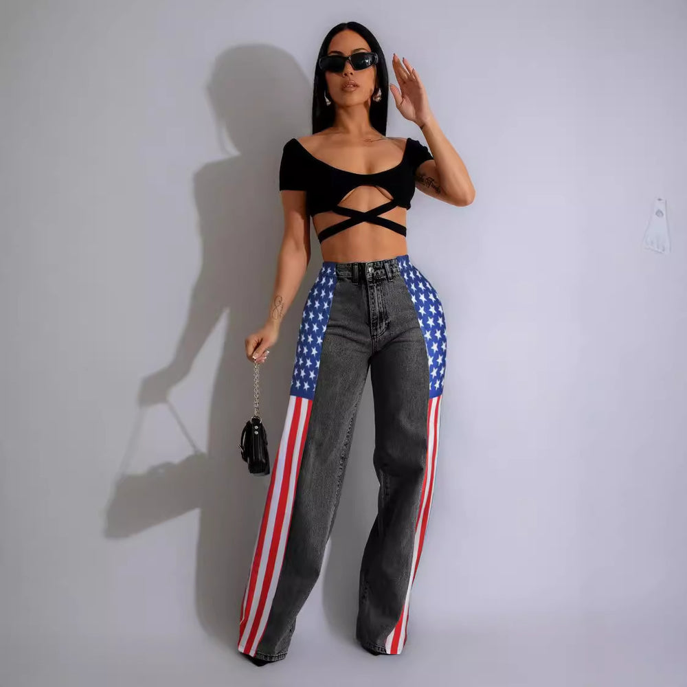 fashion american flag print stretch wide leg denim pants women's casual high waist straight leg jeans