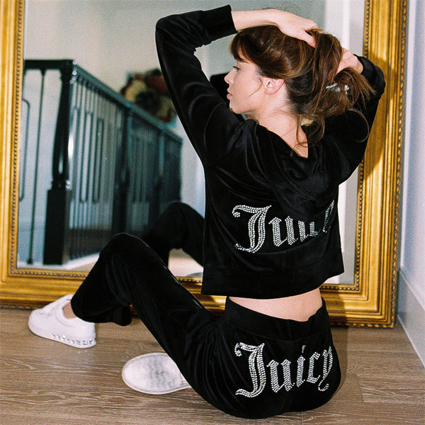 Women's casual sports suit solid color letter hot diamond sportswear long sleeve hooded sweater loose trousers two-piece set