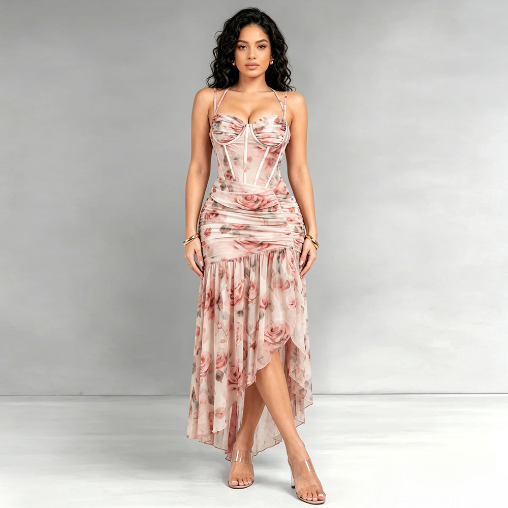 C7753 cross-border    new women's french floral suspender mesh party dress