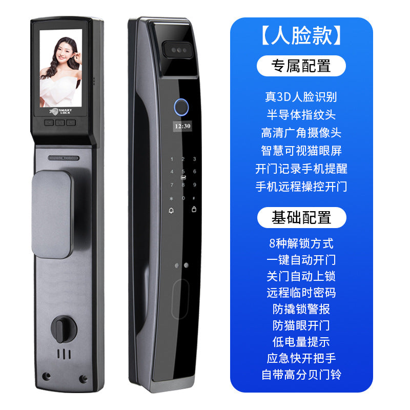 3d face recognition smart lock for home security - anti-theft door fingerprint lock with peephole viewer, video intercom, and password function