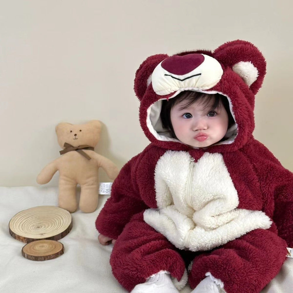 Baby warm autumn and winter cartoon cute thickened onesie, newborn winter romper, newborn outdoor jumpsuit