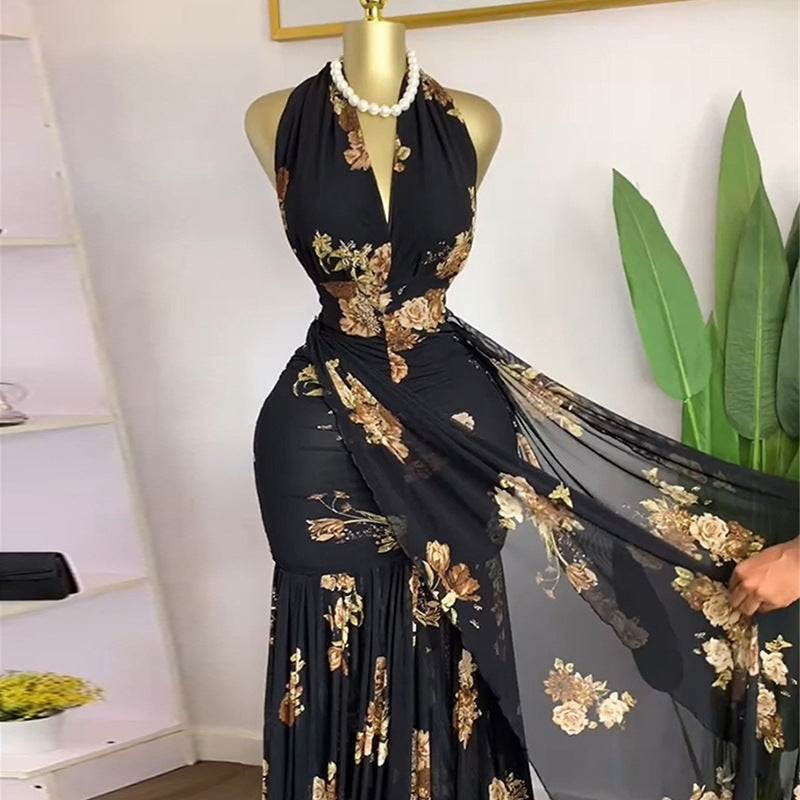 European and american cross-border women's fashion:  summer new arrival - elegant printed v-neck pleated sleeveless maxi dress