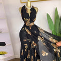 European and american cross-border women's fashion:  summer new arrival - elegant printed v-neck pleated sleeveless maxi dress