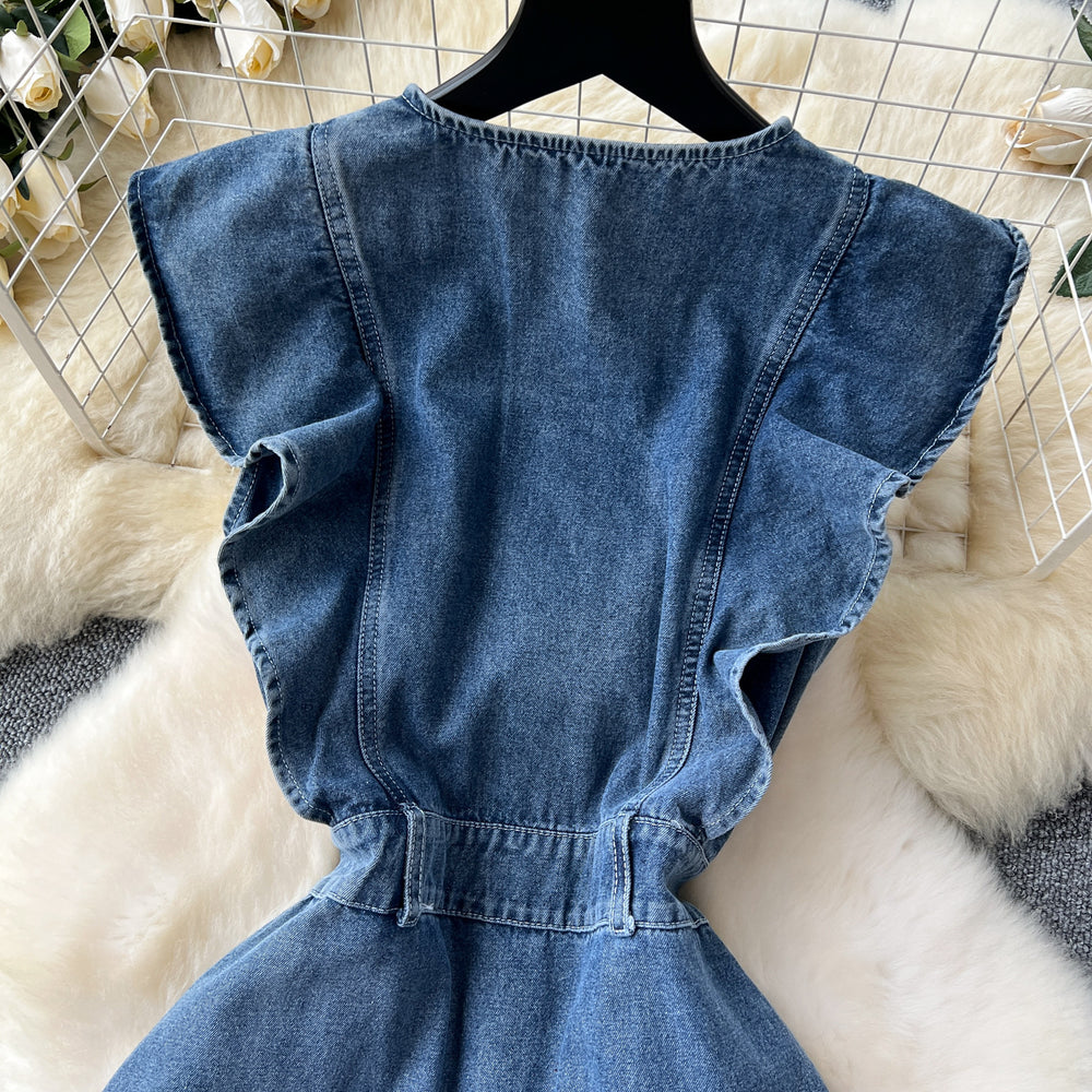 Denim dress women's  new arrival: designer ruffle trim, single-breasted, cinched waist, sleeveless, maxi swing dress