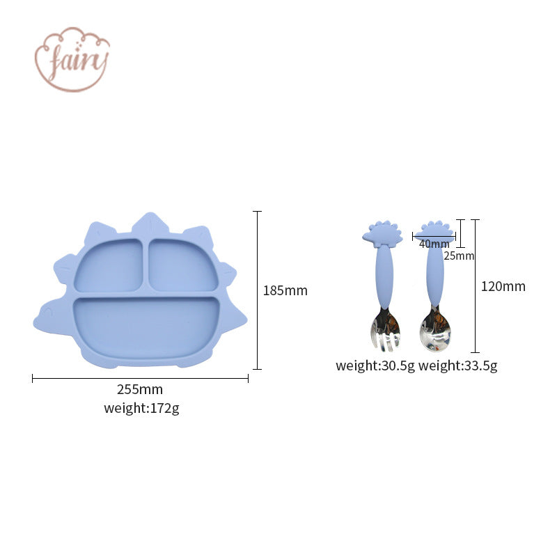 Customized silicone children's tableware set, logo food-grade saliva pocket, simple cartoon dinosaur silicone bowl