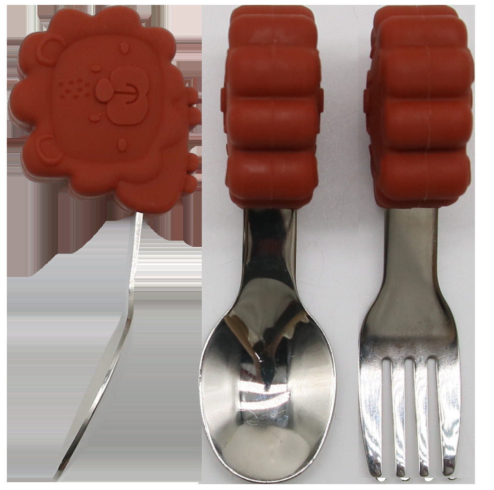 Food-grade silicone tableware, eating 2-piece set, animal lion-shaped dinner plate, stainless steel fork and spoon tableware set