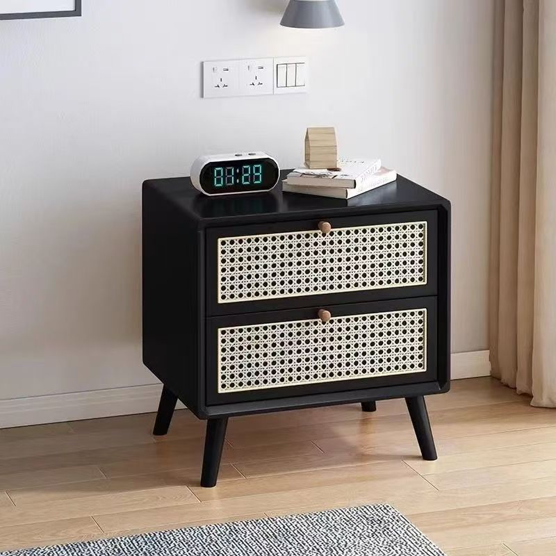 Rattan bedside table wooden cherry color walnut color log color scandinaviancasual style mini solid wood storage cabinet