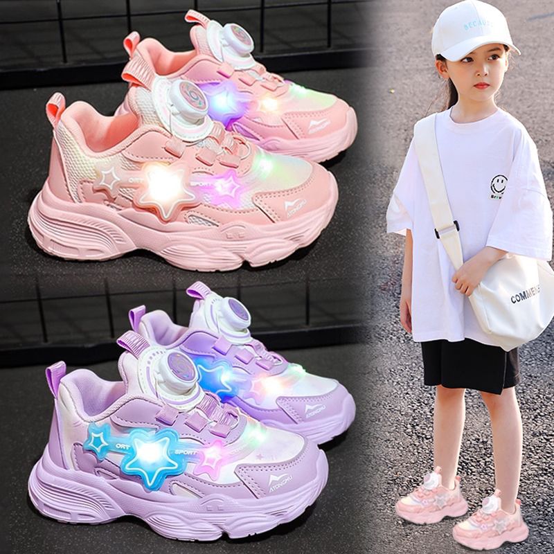 Girls' shoes:  autumn new collection - girls' chunky sneakers, kids' mesh breathable mid-to-large size children's rotating buckle athletic shoes