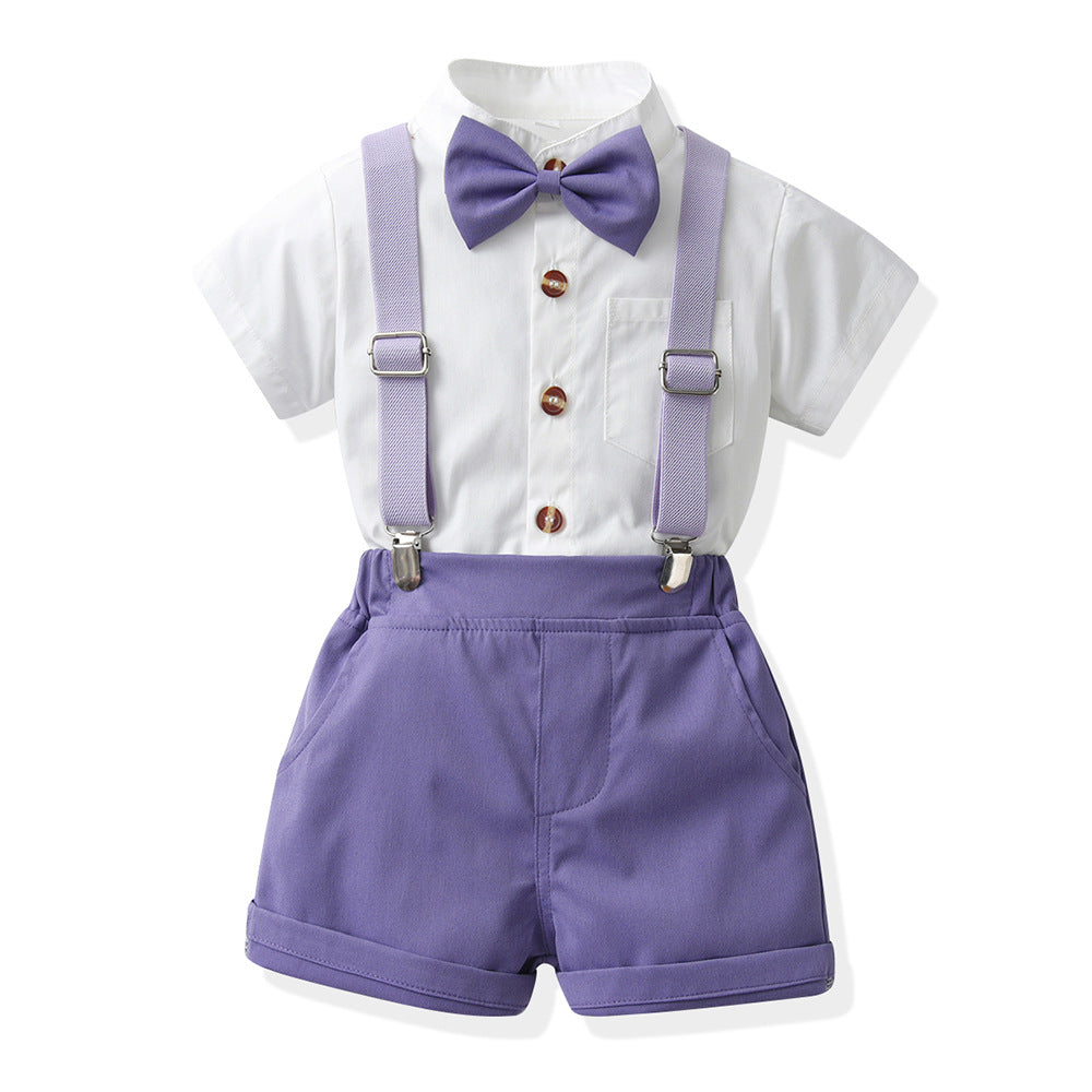 Boys' summer short-sleeve overalls set: cotton white shirt birthday performance outfit, korean style kids' clothing