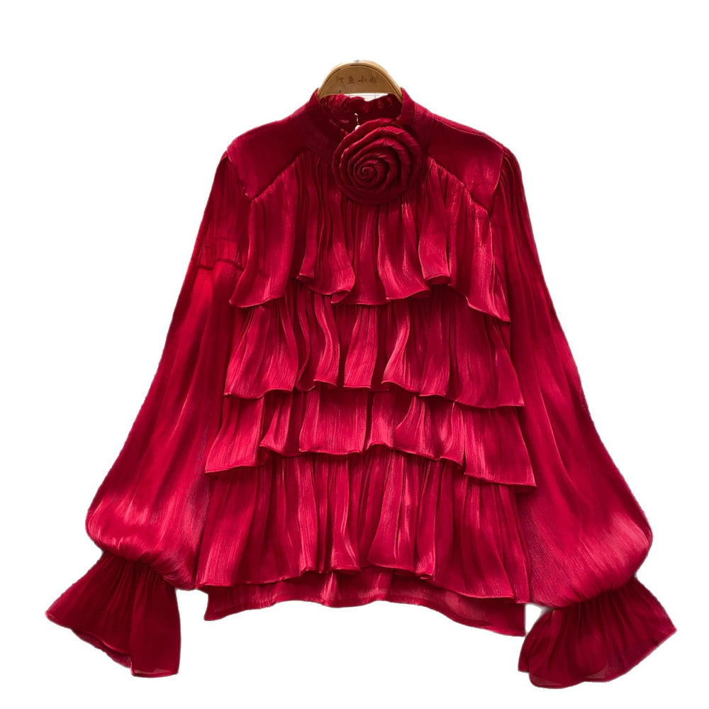 Frenchruffleslong sleevesshirt women's red sense of designelegant gentle stylework clothingtopsniche style chic shirt