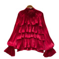 Frenchruffleslong sleevesshirt women's red sense of designelegant gentle stylework clothingtopsniche style chic shirt