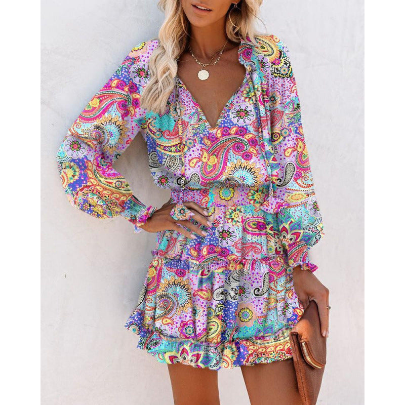 independent station  hot style spring and summer long sleeves v neckfashionprinting waist dress women's clothing