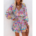 independent station  hot style spring and summer long sleeves v neckfashionprinting waist dress women's clothing