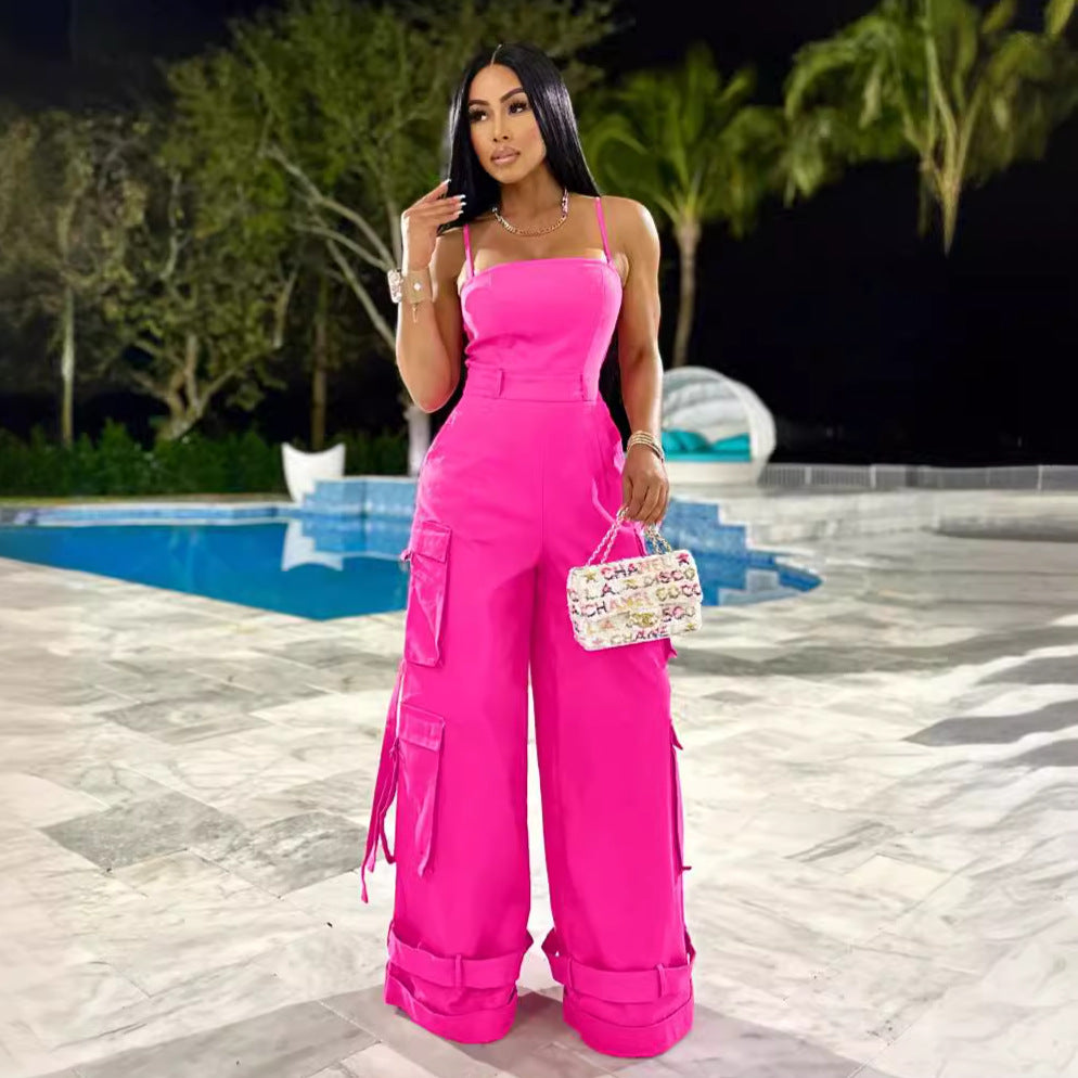 european and american new arrival cross-border women's sexy bandeau multi-pocket cargo jumpsuit wide leg romper