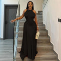 European and american style cross-border new solid color women's bodycon pleated design sleeveless maxi dress with round neck