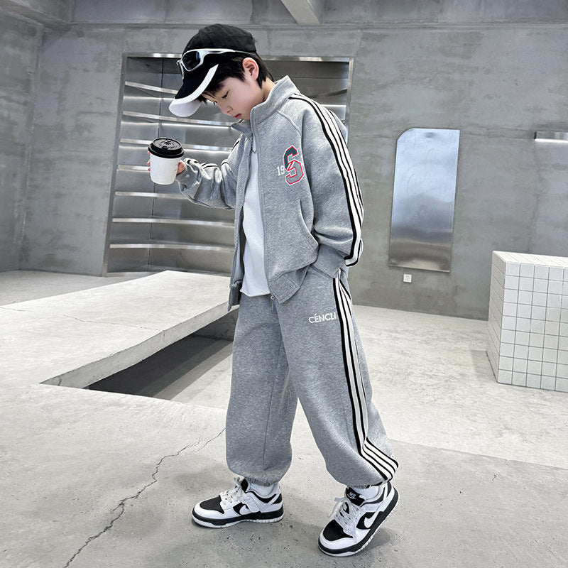 Boys'  spring collection: stylish two-piece outfit - kids' spring/autumn biker jacket & sportswear set (korean style)