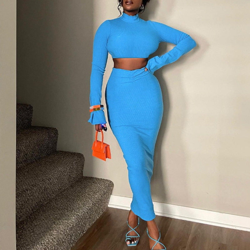 European and american  cross-border new arrival: elegant women's solid color cropped flare sleeve top and pleated maxi skirt two-piece set