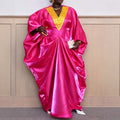 African plus size new loose v-neck batwing long sleeve dress, ruched waist, flared hem color block maxi dress