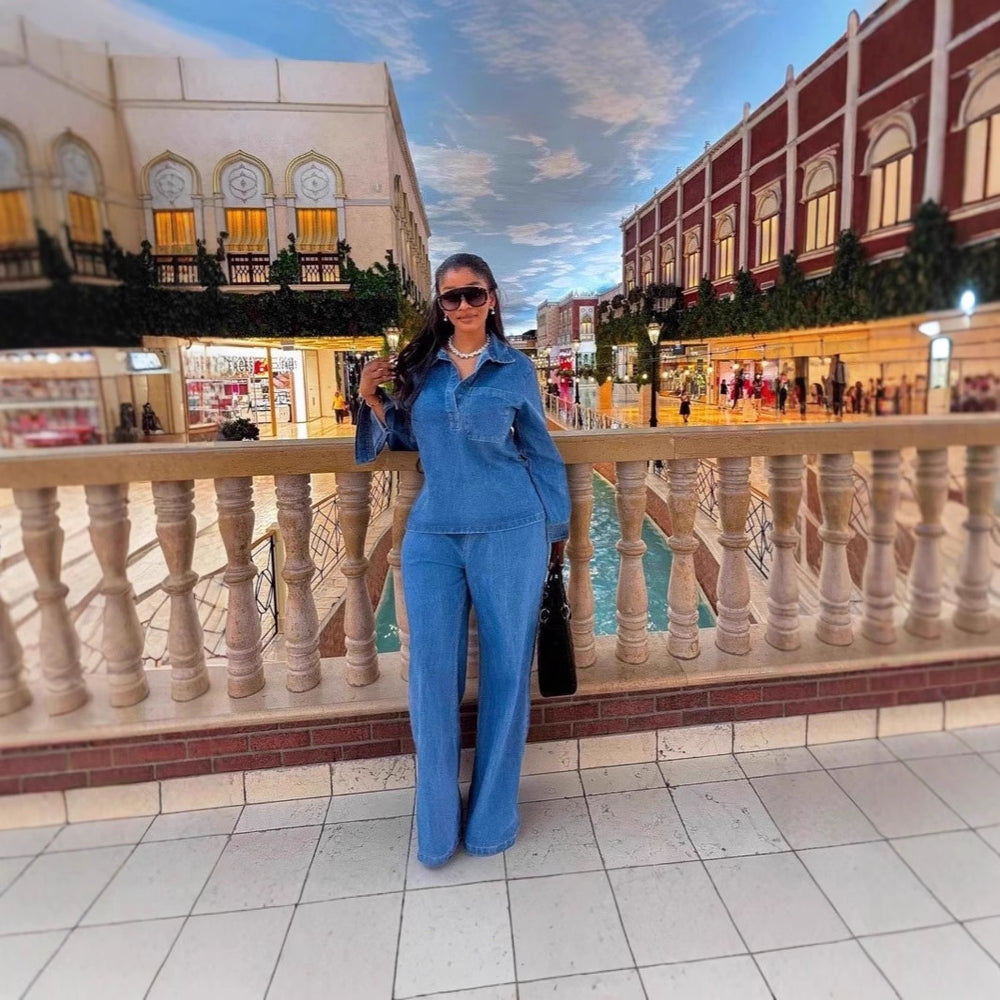 Aliexpress  cross-border new european and american style denim fashion casual elegant long-sleeved denim set