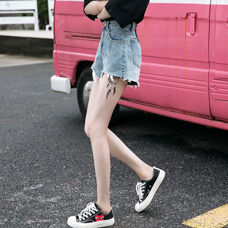 Trendy denim shorts for women, new arrival, korean style, fashionable ripped and frayed hem, washed high-waisted loose wide-leg pants