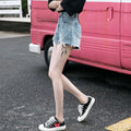 Trendy denim shorts for women, new arrival, korean style, fashionable ripped and frayed hem, washed high-waisted loose wide-leg pants