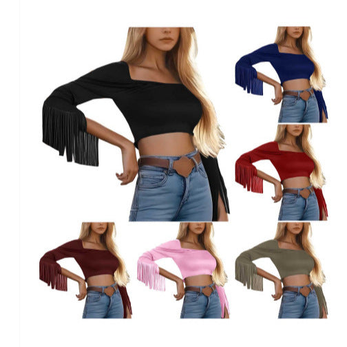 cross-border  new retro western style tassel bodycon top t-shirt