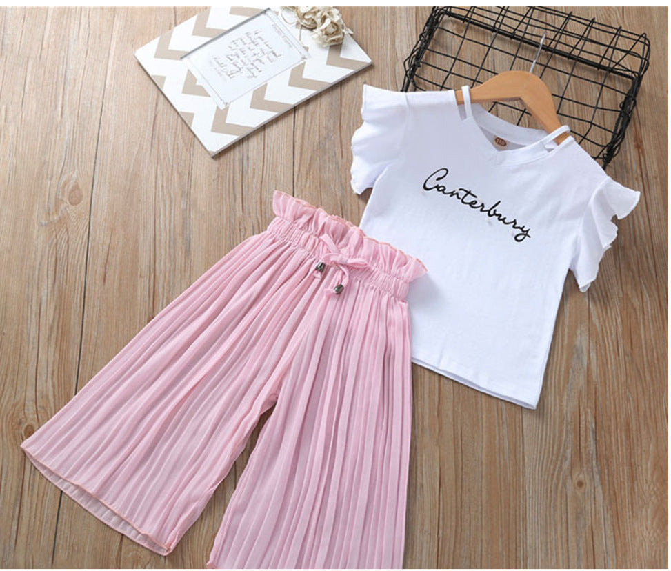 summer new arrivals: girls' letter print flutter sleeve top & wide-leg pants two-piece set (sizes 4-14y)