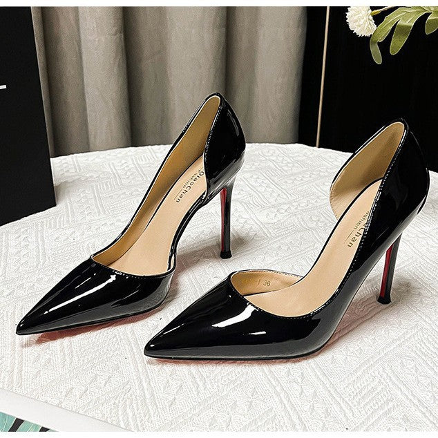 Yx sexy patent leather black red sole shoes - work commute pointed toe stiletto heels - elegant high heels - nude single shoes for women