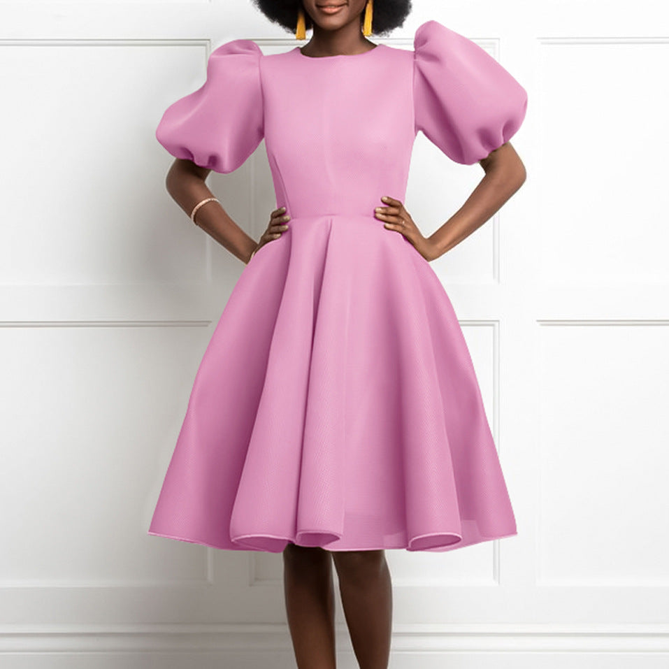 women's summer  round neck fashionable elegant bubble sleeve cinched waist a-line midi dress - western style