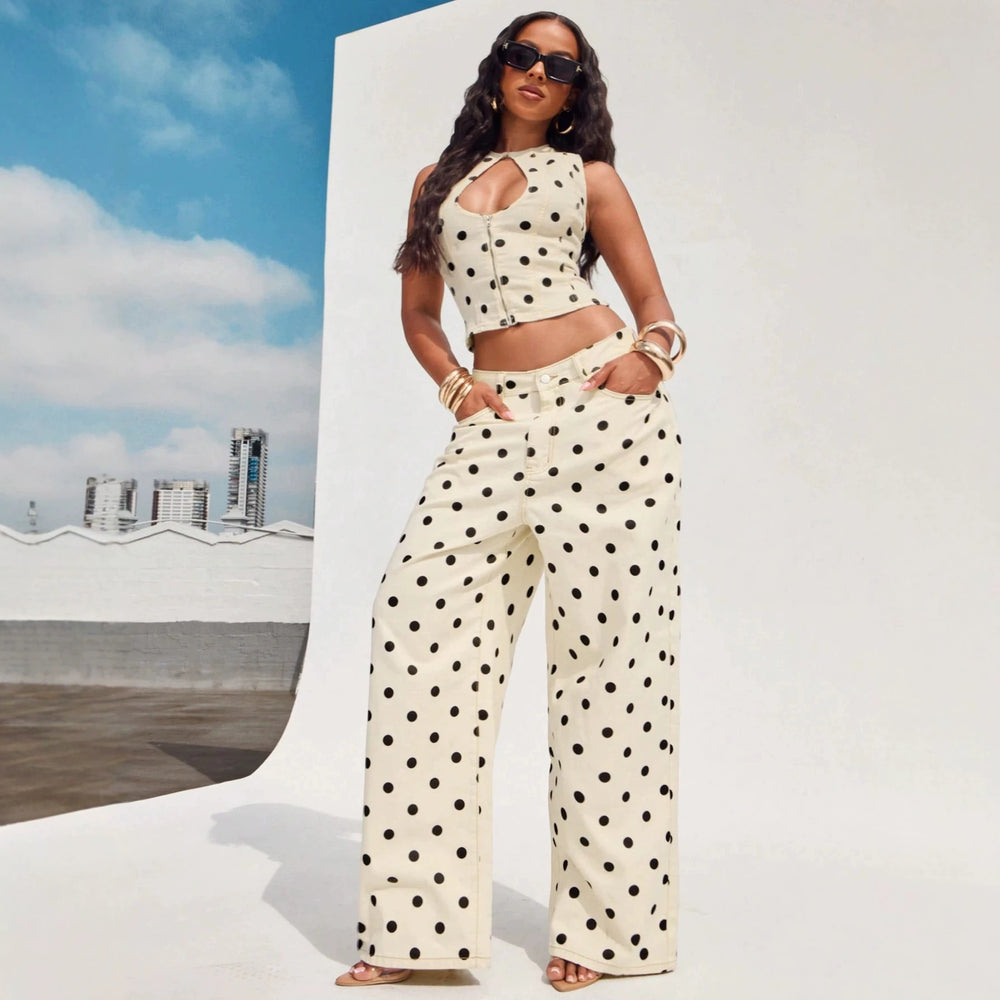 Women's off-white polka dot print high-waisted wide-leg denim pants - hot girl style casual trousers - new  collection