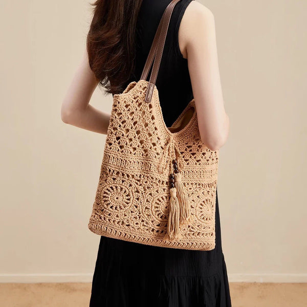 New summer tassel cotton thread shoulder straw bag hollow knitting bag casual retro beach bag fashion women's bag