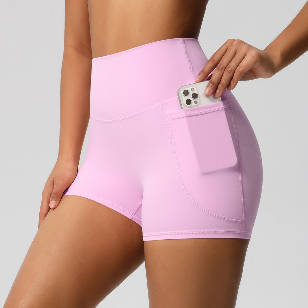 fashion brushed pure colorflap pocket pants high waist tight high elastic yoga shorts sports running fitness three-quarter pants for women