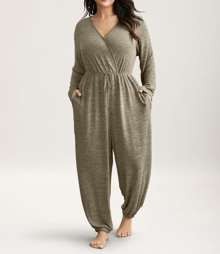 Amazon  cross-border plus size curvy women's clothing - women's long pants - women's deep v-neck tie-waist jumpsuit