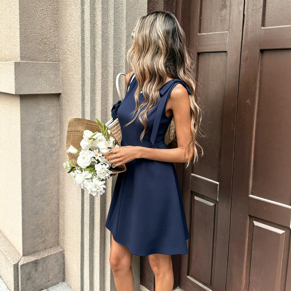 summer cross-border navy sleeveless bow dress - slim fit, figure-flattering, gentle and elegant mini dress