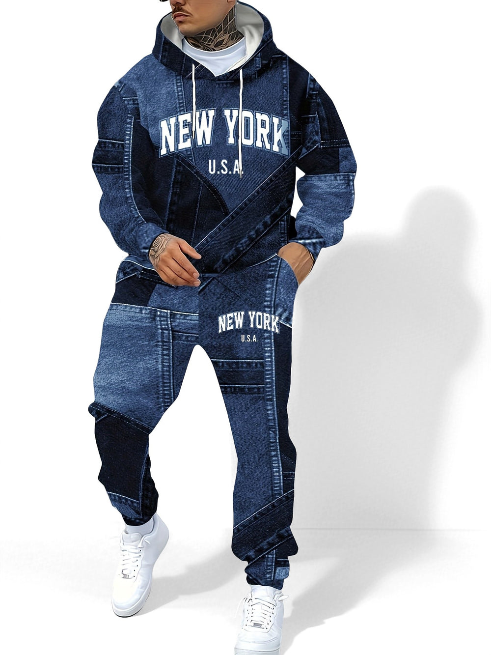 fashiontrendymencasualsuitautum denim effect hooded sports pants sweatshirtsuit wholesale
