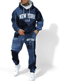 fashiontrendymencasualsuitautum denim effect hooded sports pants sweatshirtsuit wholesale