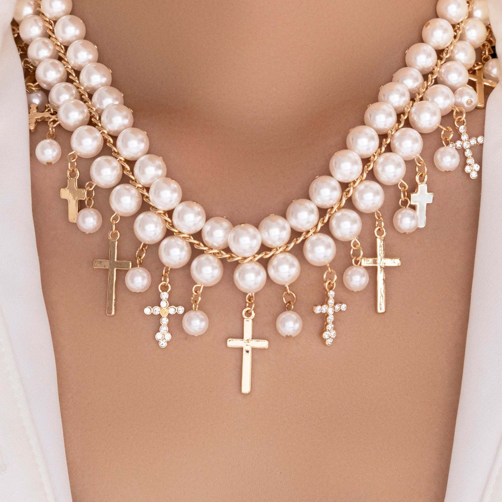 Vintage multi-layer faux pearl necklace, european and american fashion, unique design with diamond-accented cross pendant, choker necklace
