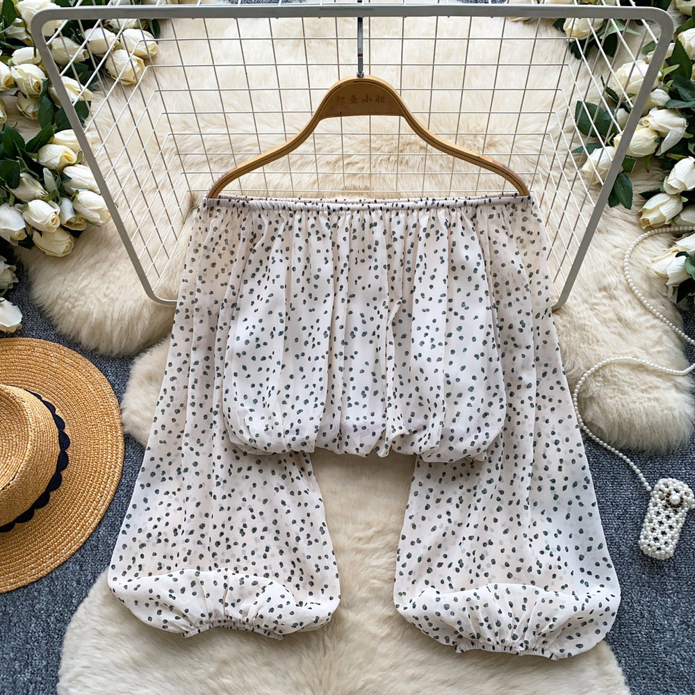 K-style polka dot one shoulder puff sleeve elegantshirt women's springlooselong sleevescardigancomfortable breathabletops