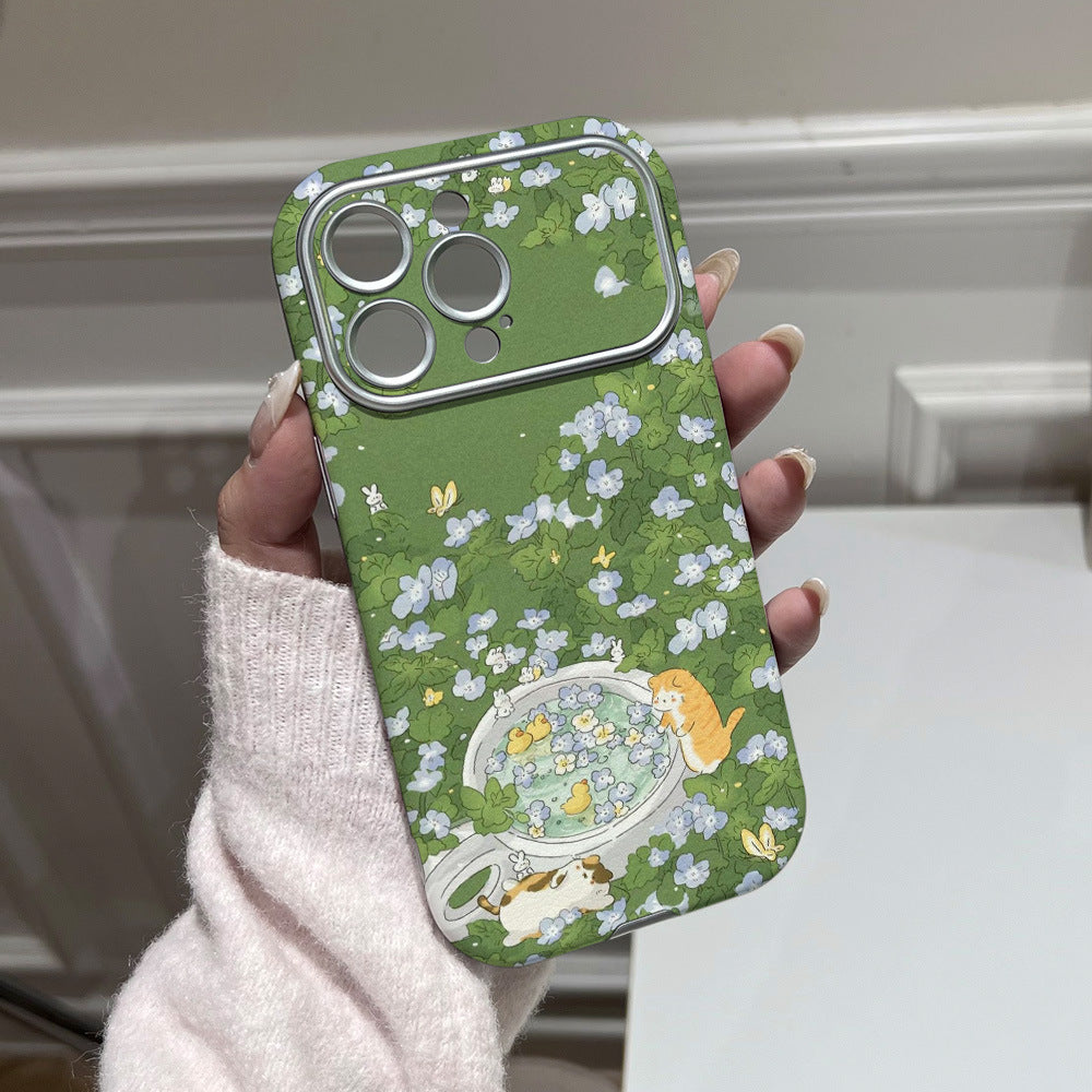 Green floral cat teacup phone case for iphone 17 pro max, apple 16 full coverage shockproof protective case - wholesale